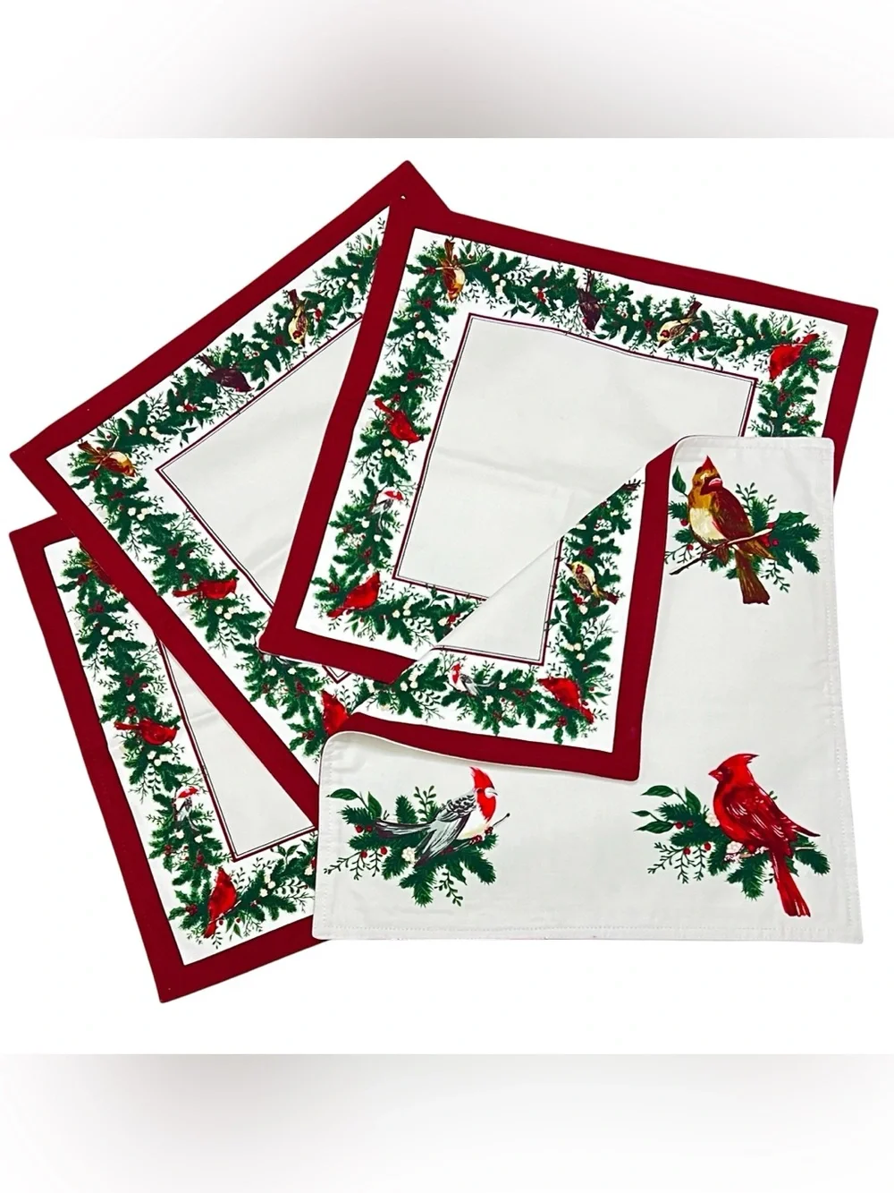 Share Zina Vasi Christmas Placemats Set of 4 Redbirds Holly Reversible Cotton